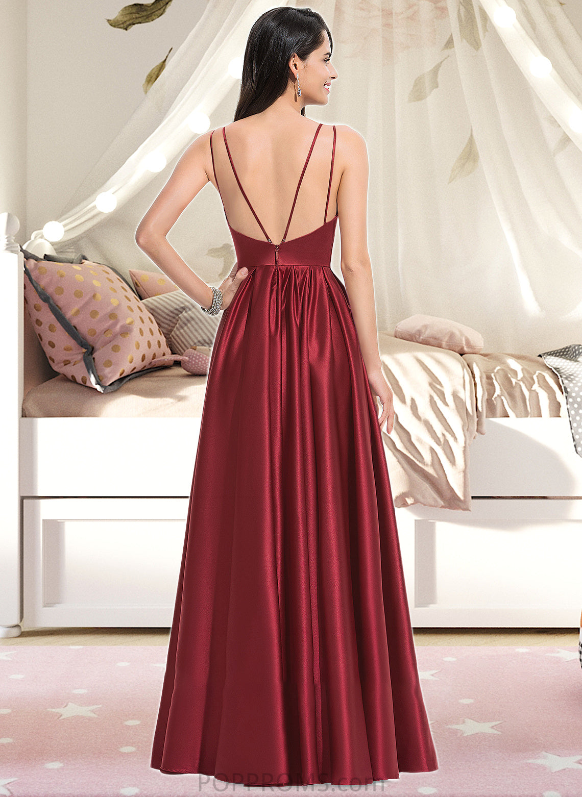 Tori A-Line V-neck Floor-Length Satin Bridesmaid Dress With Ruffle Pockets PP6P0013187