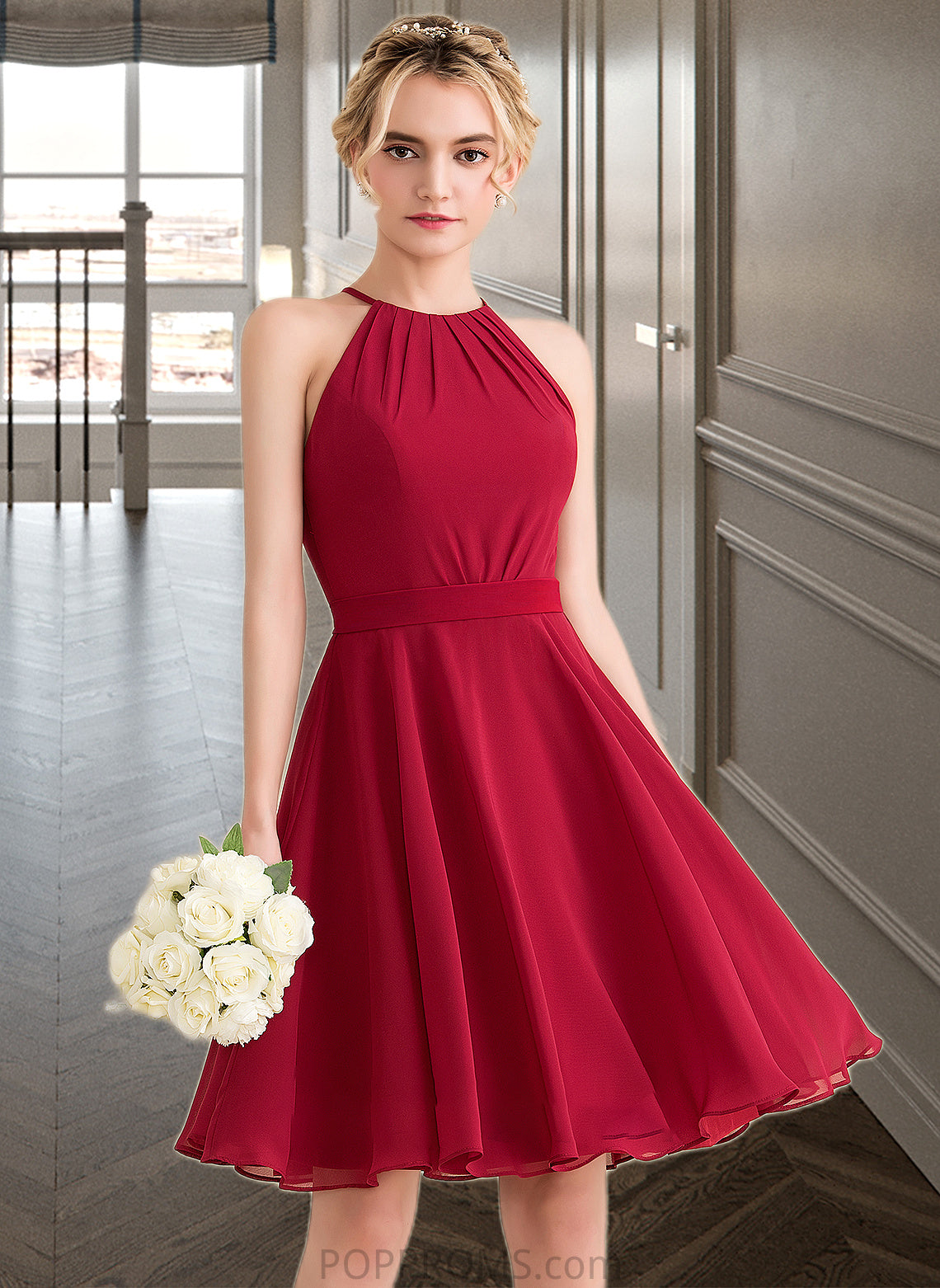 Danna A-Line Scoop Neck Knee-Length Chiffon Bridesmaid Dress With Ruffle Bow(s) PP6P0013189