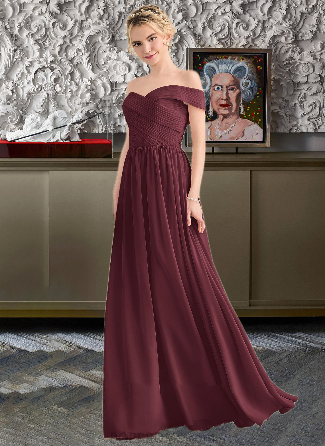 Myla A-Line Off-the-Shoulder Floor-Length Chiffon Bridesmaid Dress With Ruffle PP6P0013190