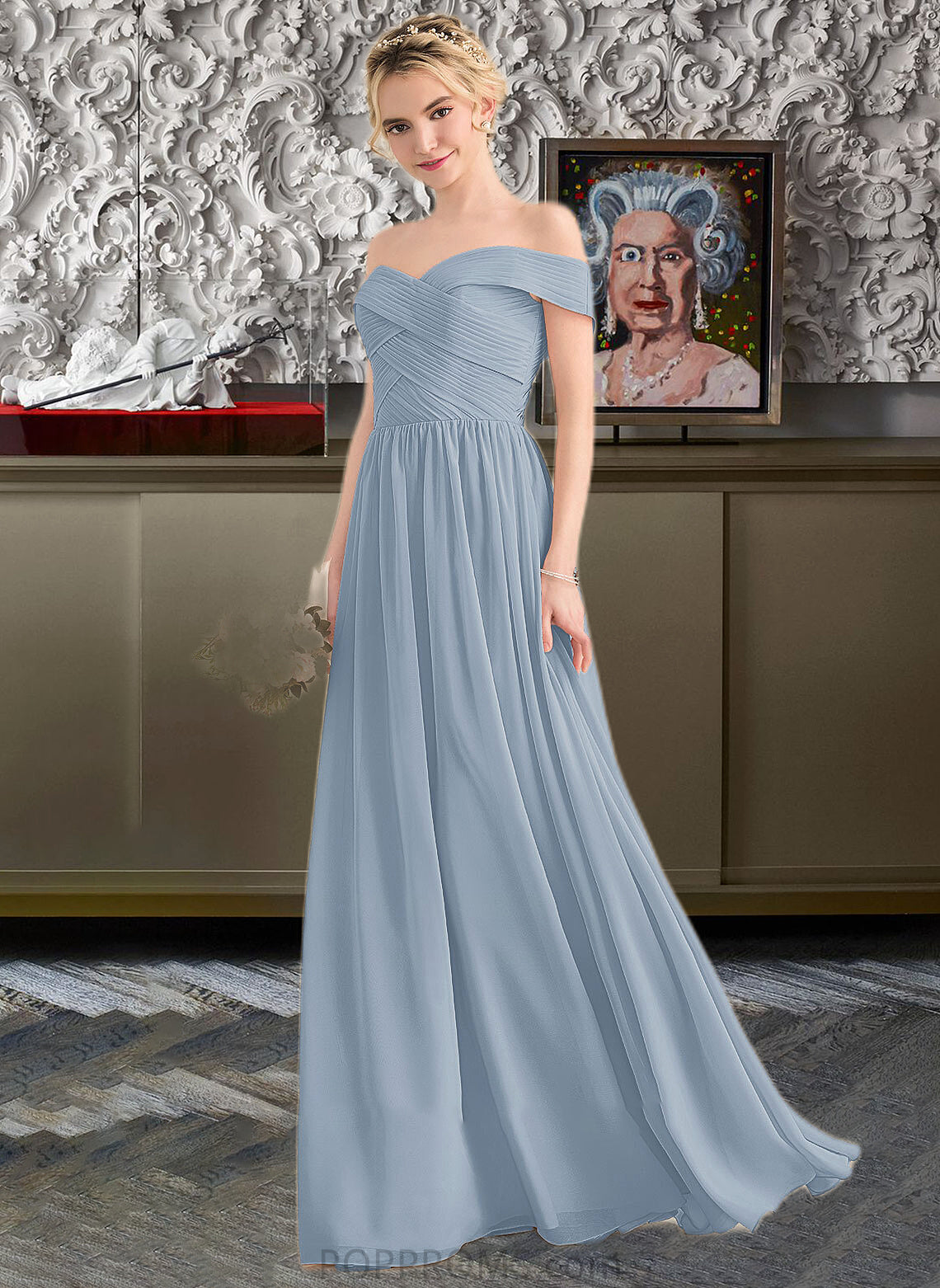 Myla A-Line Off-the-Shoulder Floor-Length Chiffon Bridesmaid Dress With Ruffle PP6P0013190