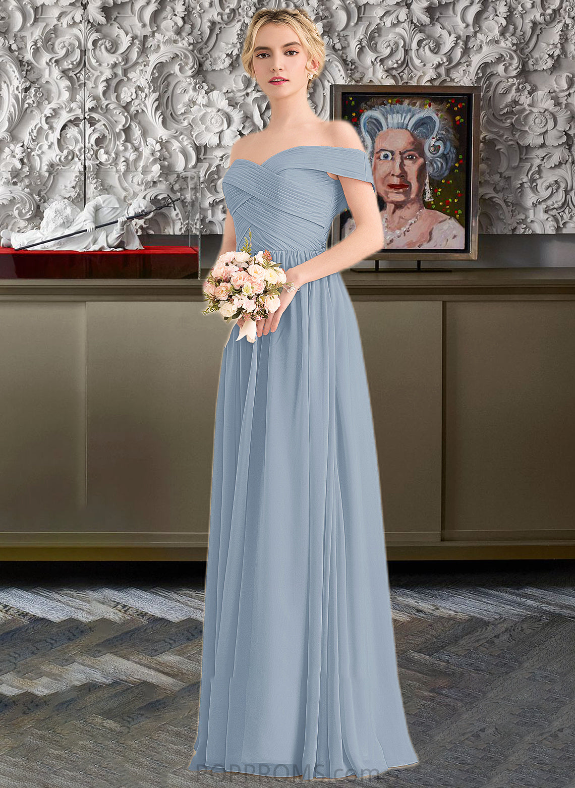 Myla A-Line Off-the-Shoulder Floor-Length Chiffon Bridesmaid Dress With Ruffle PP6P0013190