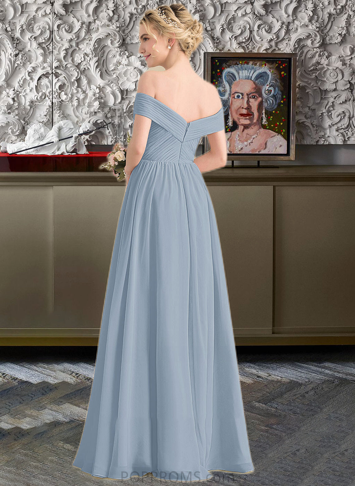 Myla A-Line Off-the-Shoulder Floor-Length Chiffon Bridesmaid Dress With Ruffle PP6P0013190