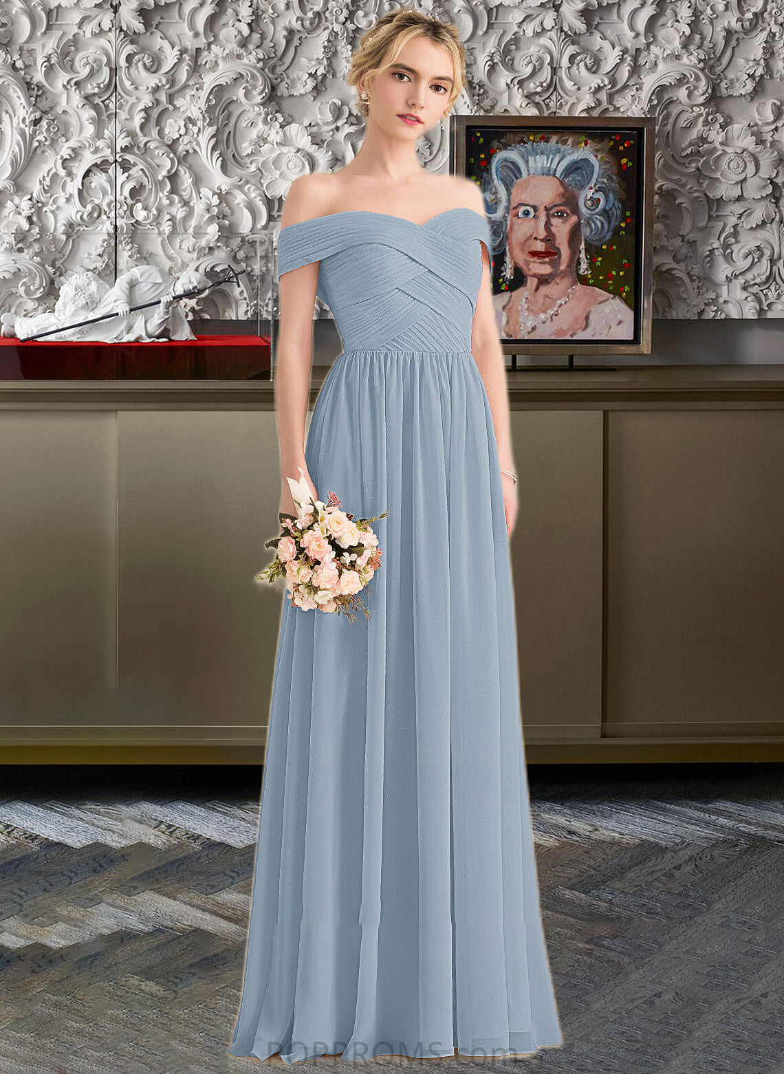 Myla A-Line Off-the-Shoulder Floor-Length Chiffon Bridesmaid Dress With Ruffle PP6P0013190