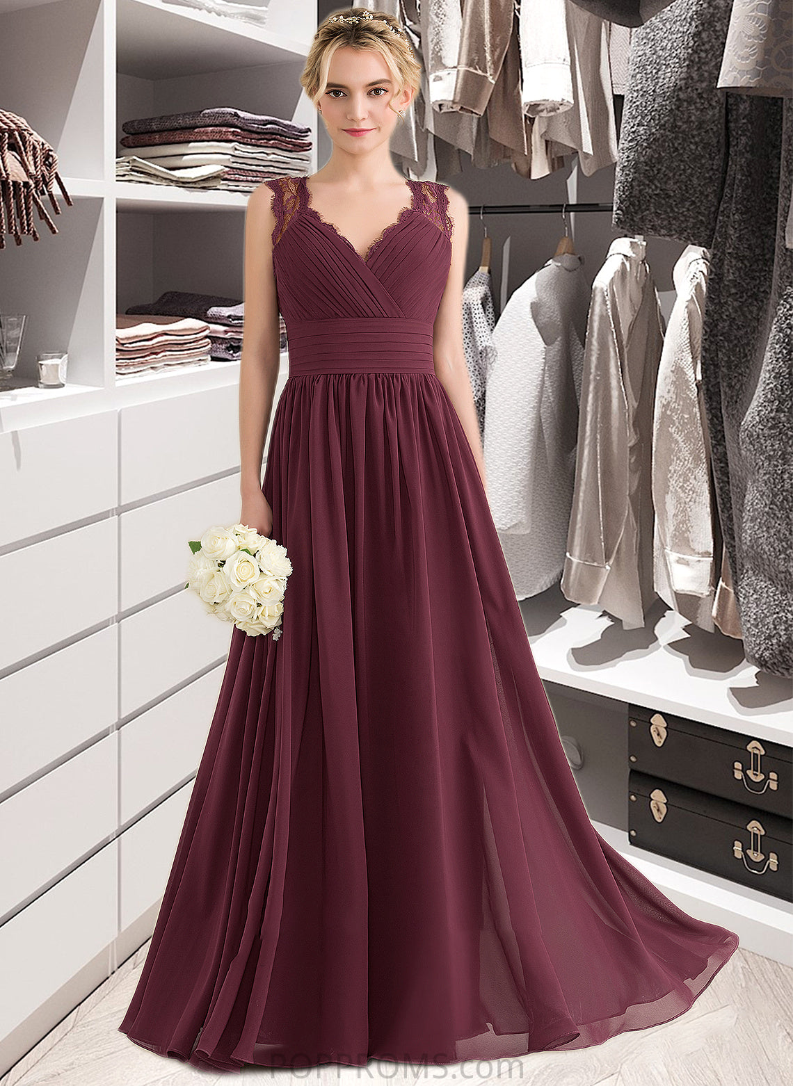 Pru A-Line V-neck Floor-Length Chiffon Lace Bridesmaid Dress With Ruffle Bow(s) PP6P0013191