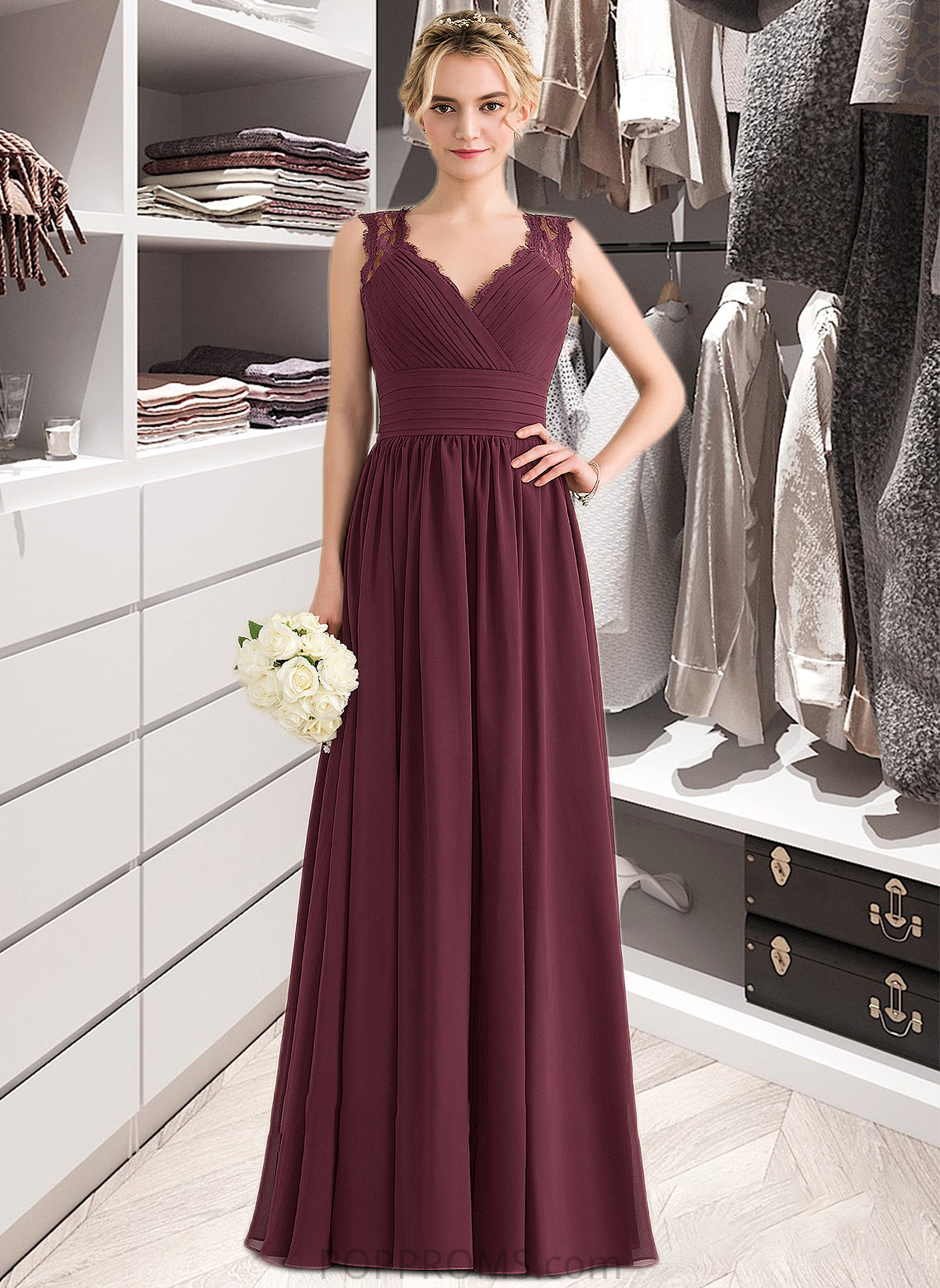 Pru A-Line V-neck Floor-Length Chiffon Lace Bridesmaid Dress With Ruffle Bow(s) PP6P0013191