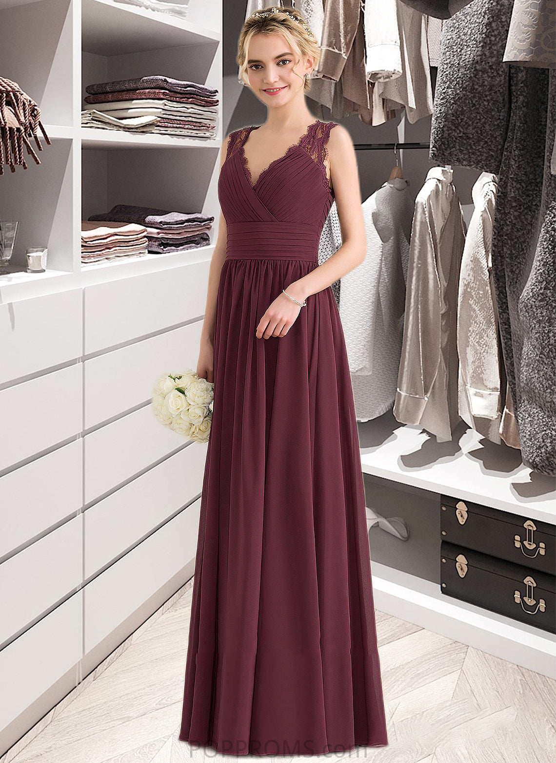 Pru A-Line V-neck Floor-Length Chiffon Lace Bridesmaid Dress With Ruffle Bow(s) PP6P0013191