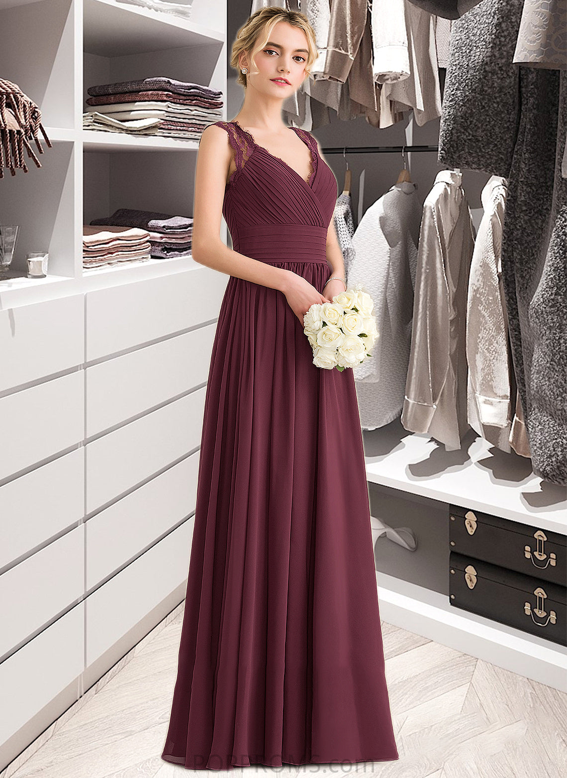 Pru A-Line V-neck Floor-Length Chiffon Lace Bridesmaid Dress With Ruffle Bow(s) PP6P0013191