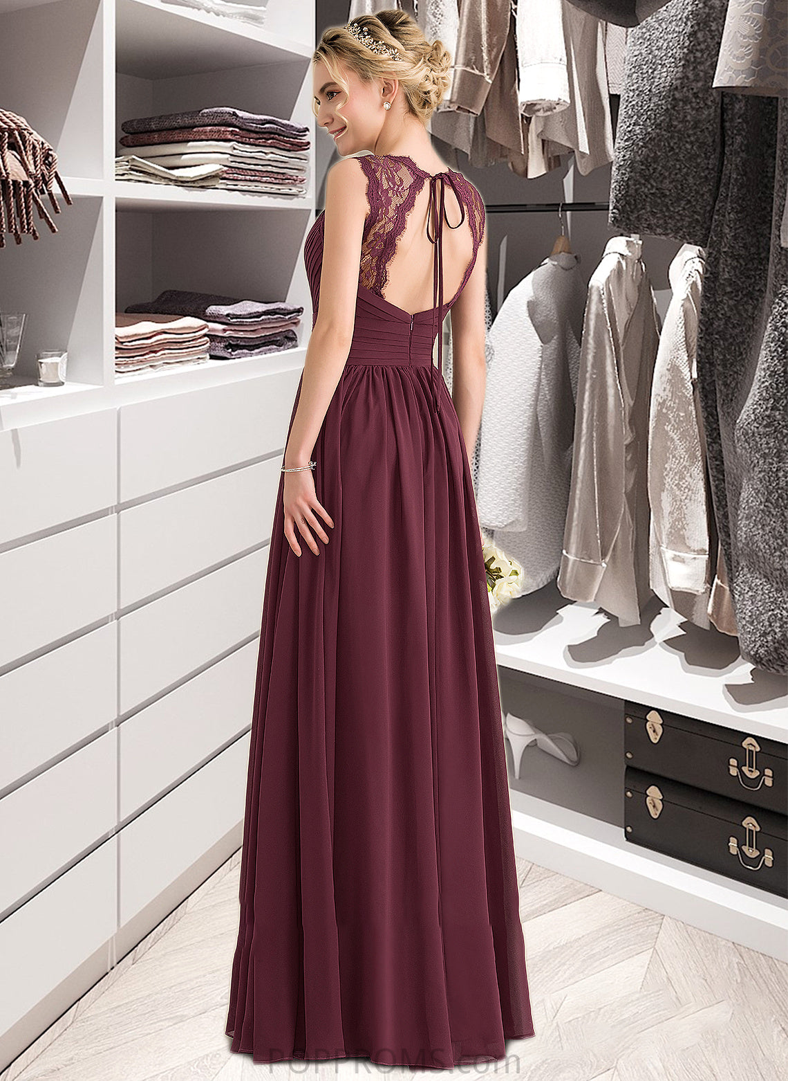 Pru A-Line V-neck Floor-Length Chiffon Lace Bridesmaid Dress With Ruffle Bow(s) PP6P0013191