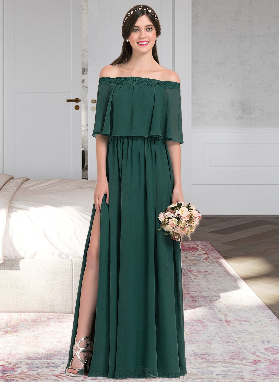 Alessandra A-Line Off-the-Shoulder Floor-Length Chiffon Bridesmaid Dress With Split Front PP6P0013192