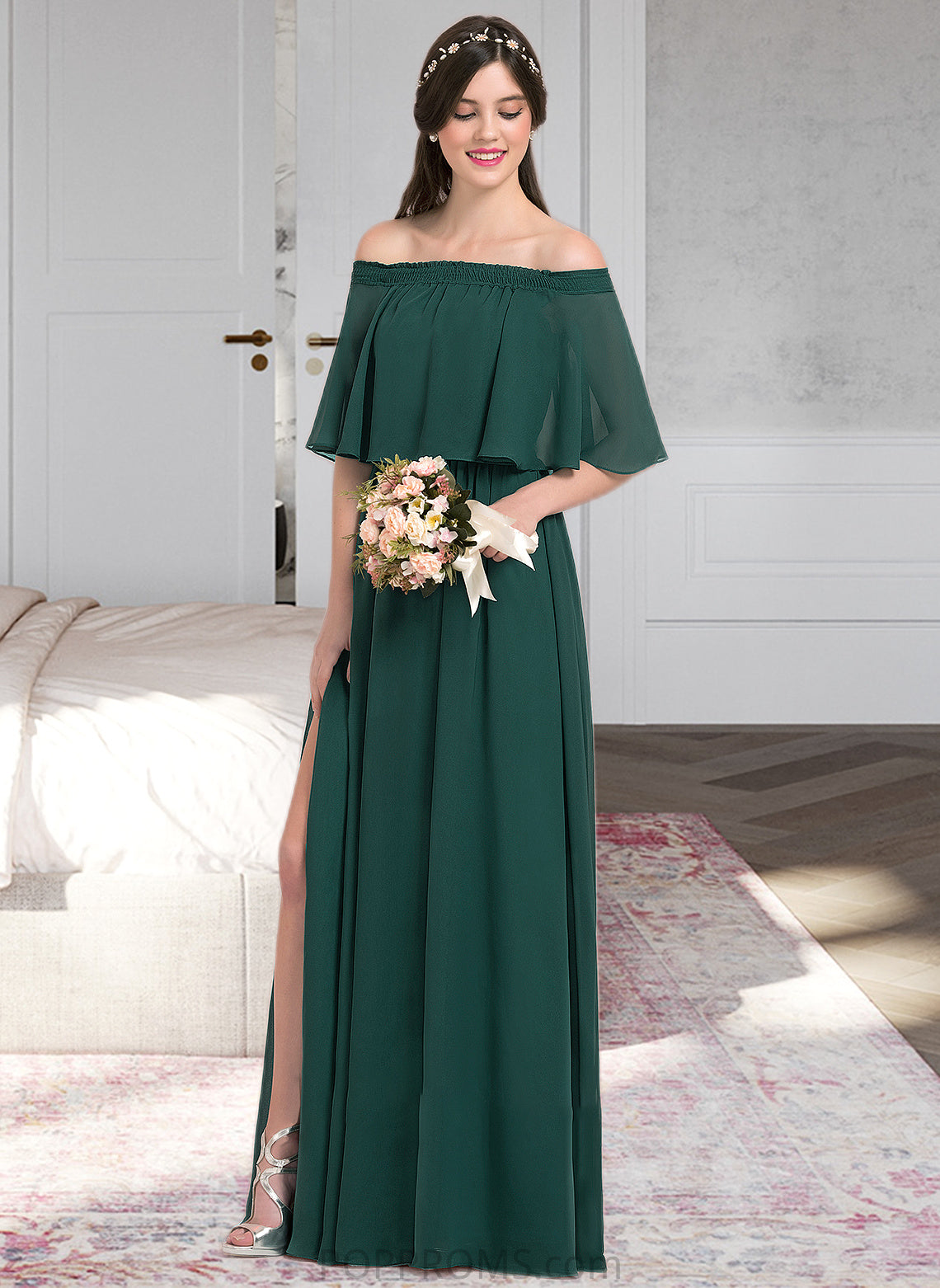 Alessandra A-Line Off-the-Shoulder Floor-Length Chiffon Bridesmaid Dress With Split Front PP6P0013192