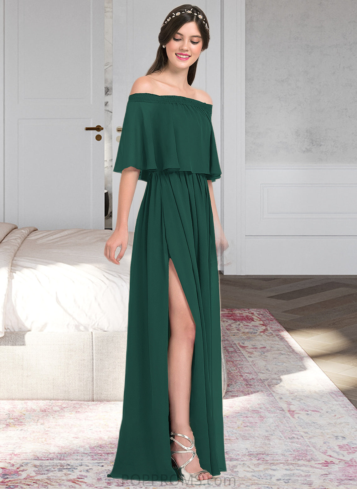 Alessandra A-Line Off-the-Shoulder Floor-Length Chiffon Bridesmaid Dress With Split Front PP6P0013192