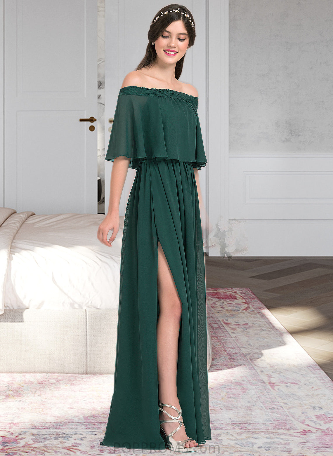 Alessandra A-Line Off-the-Shoulder Floor-Length Chiffon Bridesmaid Dress With Split Front PP6P0013192