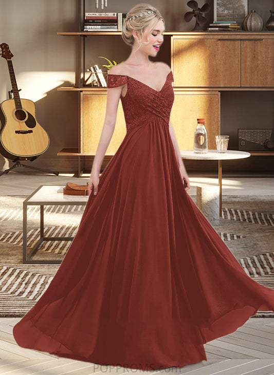 Zara A-Line Off-the-Shoulder Floor-Length Chiffon Lace Bridesmaid Dress With Ruffle PP6P0013193