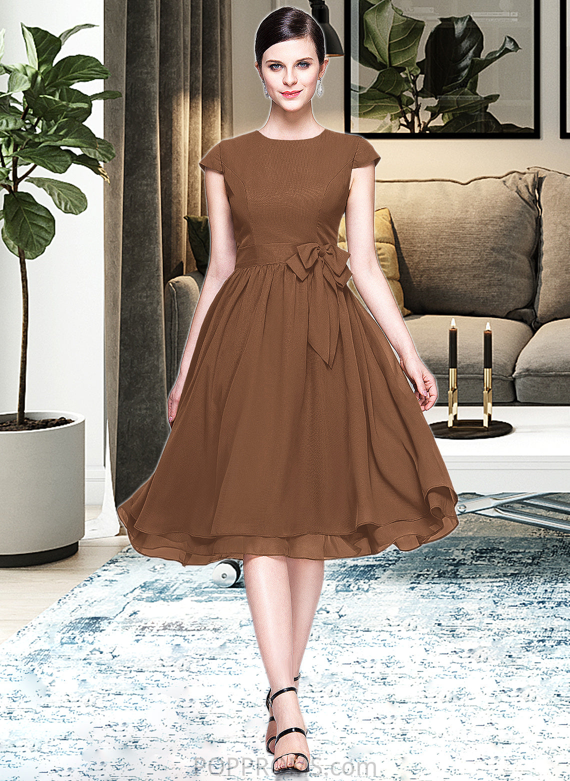 Tricia Chiffon Knee-length Bridesmaid Dress with Cap Sleeves And Sashes PP6P0013195