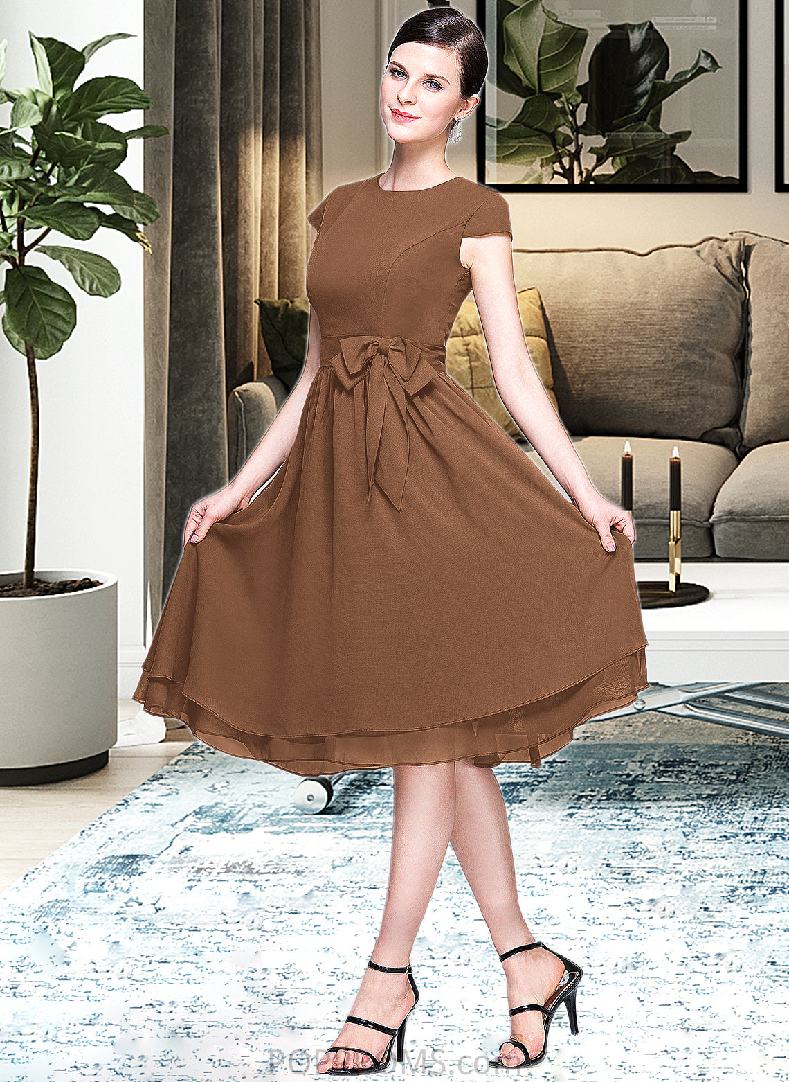 Tricia Chiffon Knee-length Bridesmaid Dress with Cap Sleeves And Sashes PP6P0013195