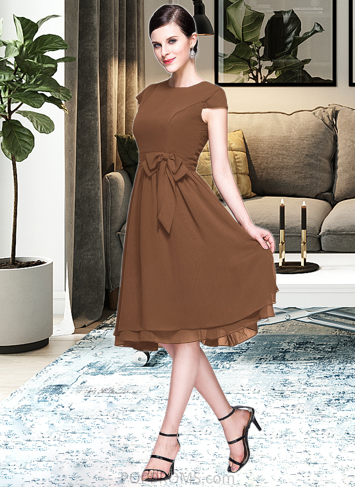 Tricia Chiffon Knee-length Bridesmaid Dress with Cap Sleeves And Sashes PP6P0013195