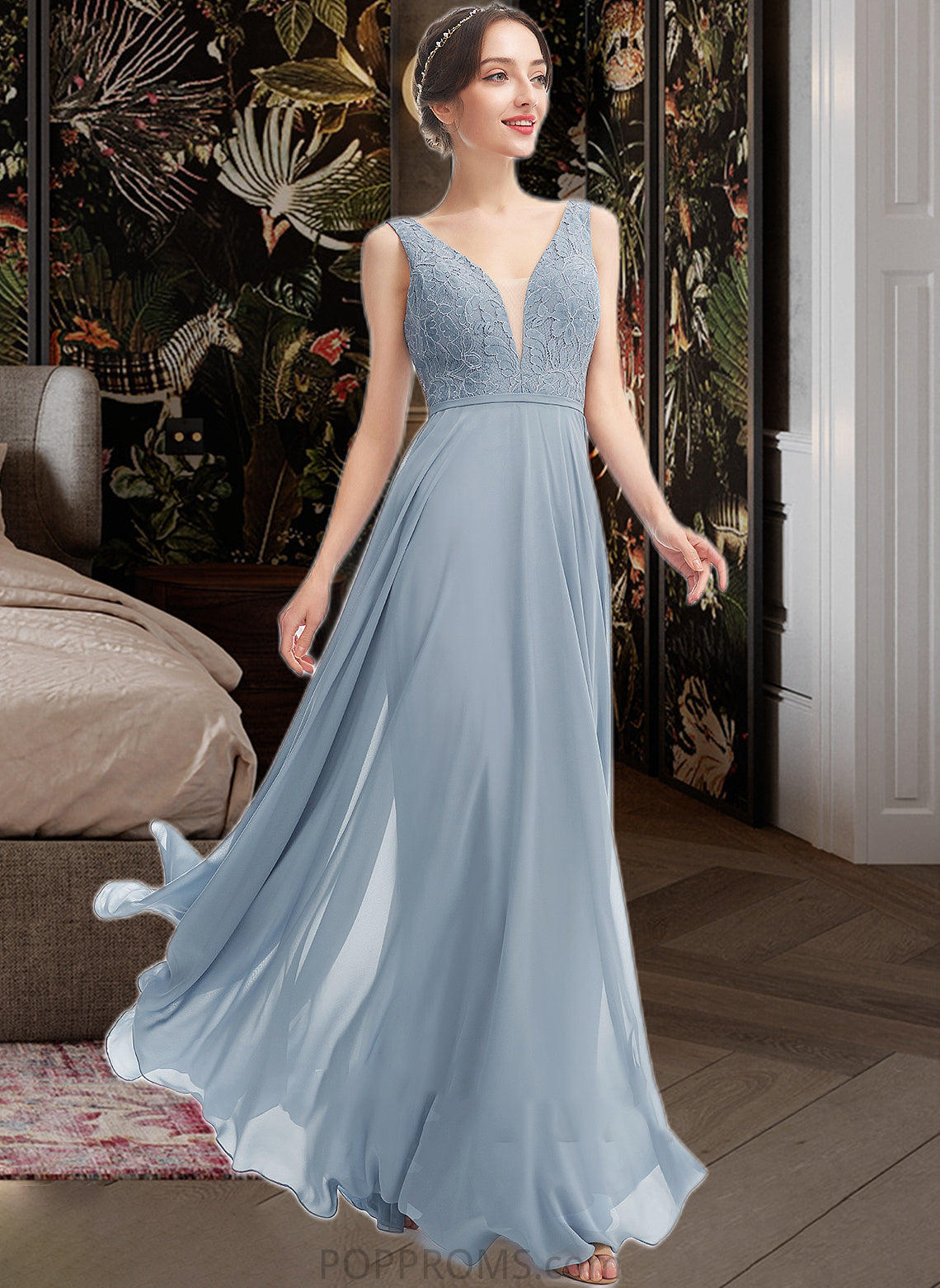 Ann A-Line V-neck Floor-Length Bridesmaid Dress PP6P0013199