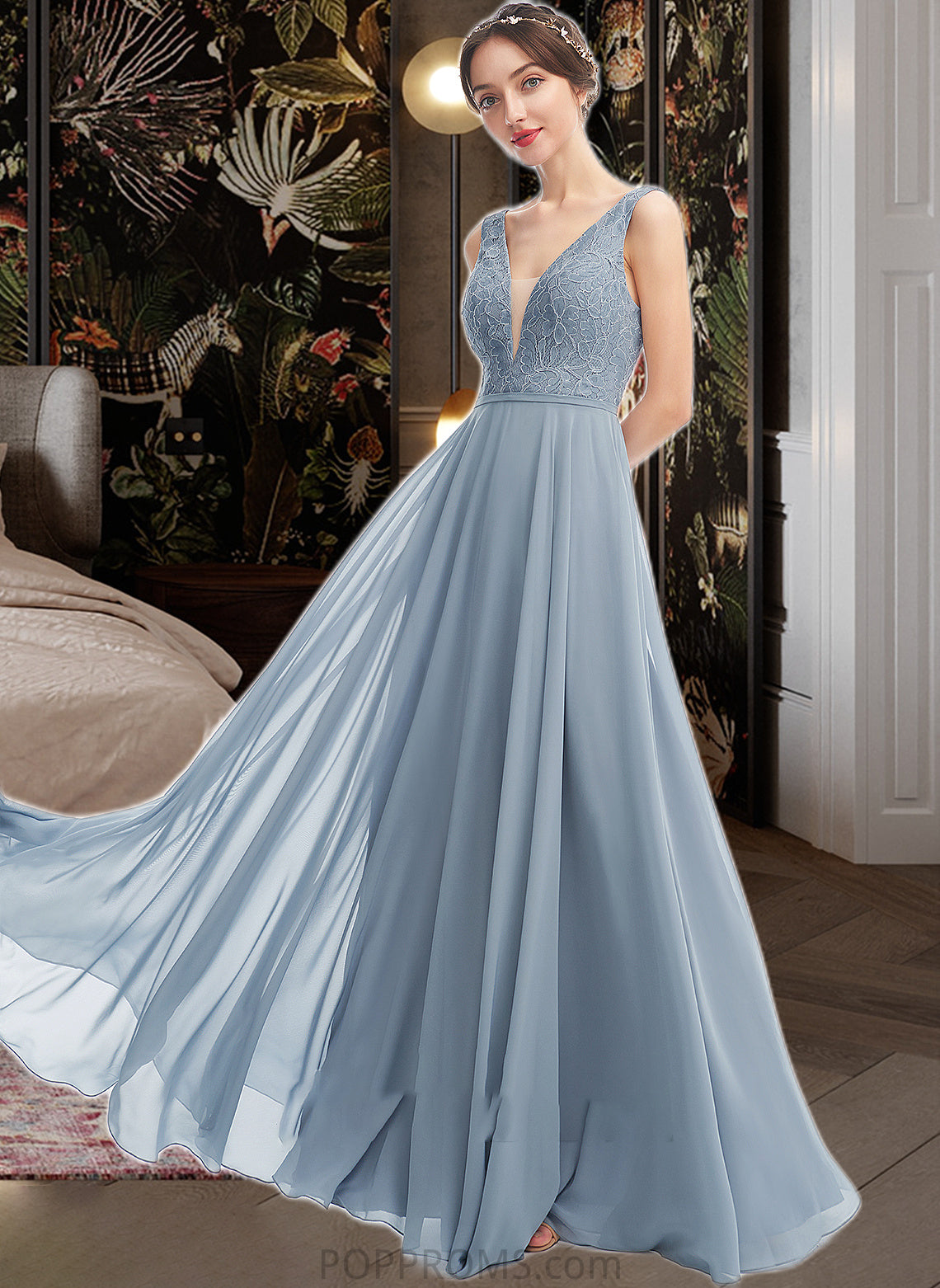 Ann A-Line V-neck Floor-Length Bridesmaid Dress PP6P0013199