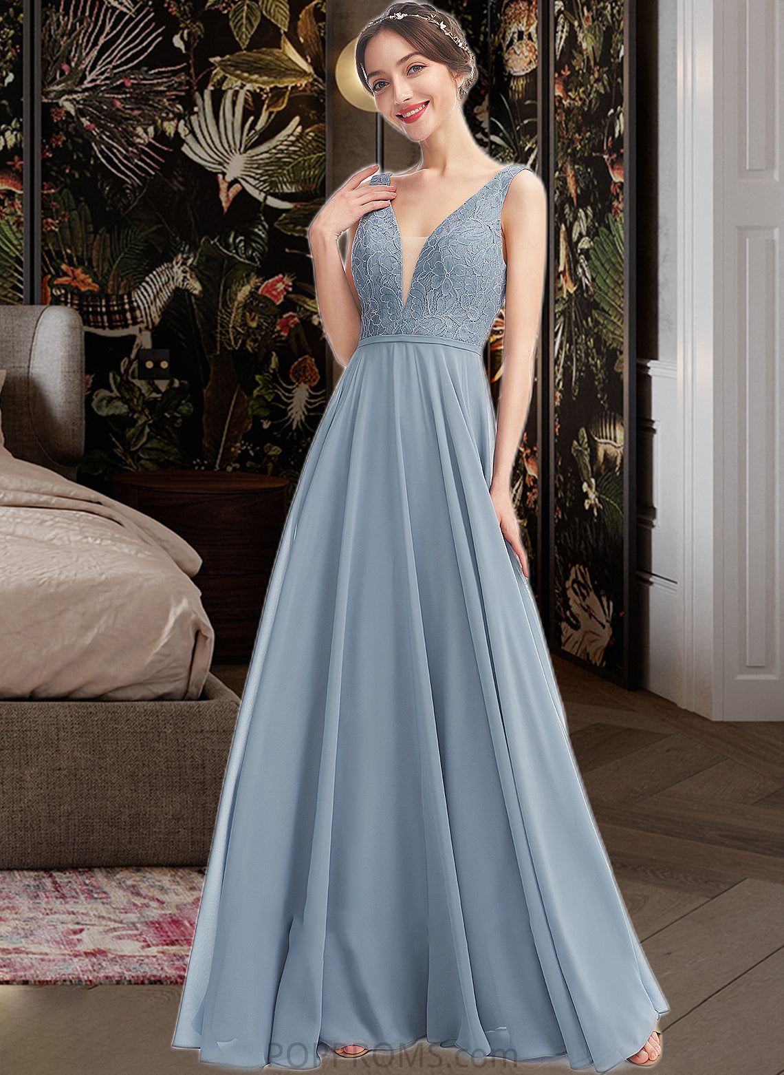 Ann A-Line V-neck Floor-Length Bridesmaid Dress PP6P0013199