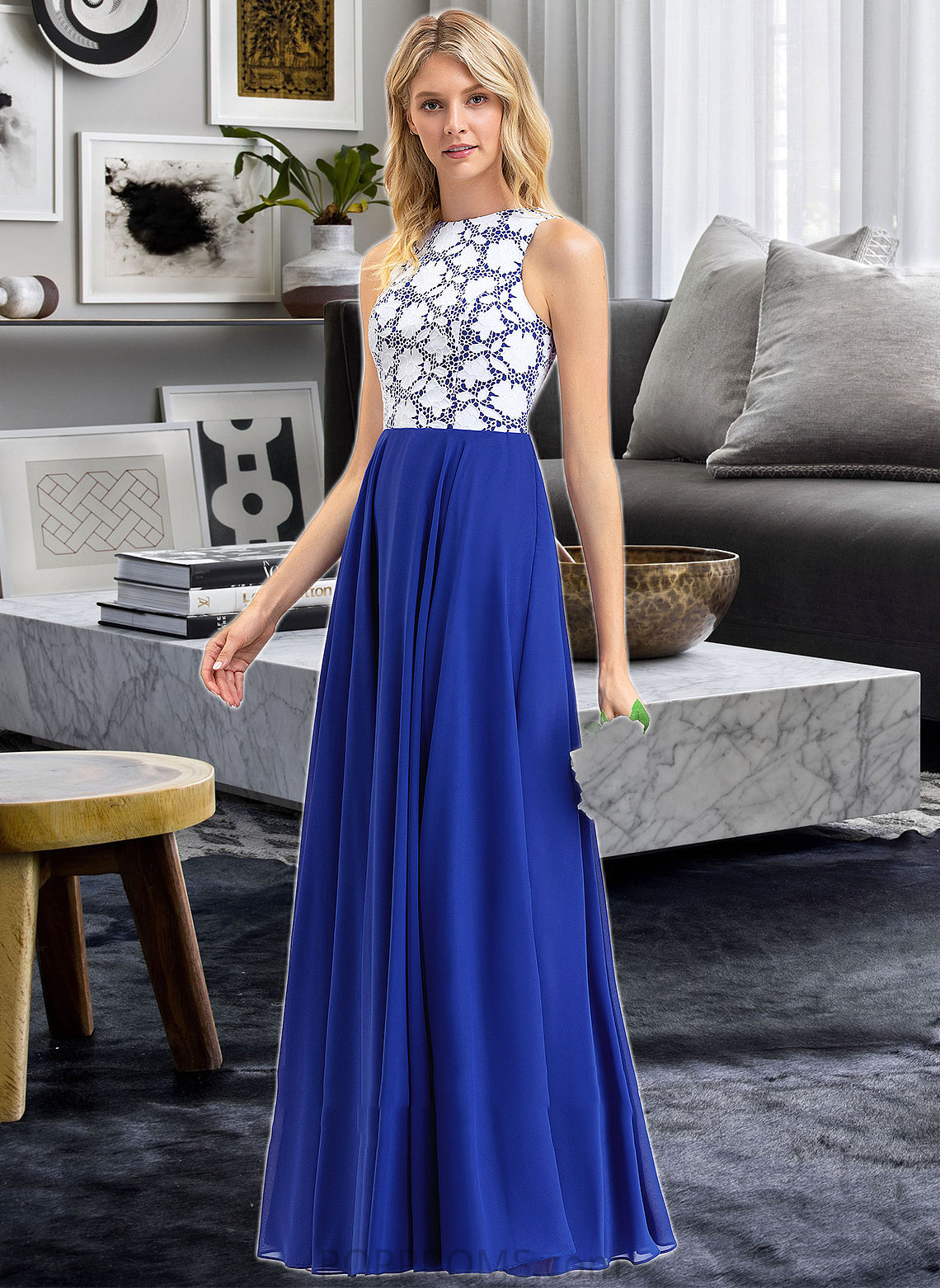 Emelia A-Line Scoop Neck Floor-Length Chiffon Lace Bridesmaid Dress PP6P0013201