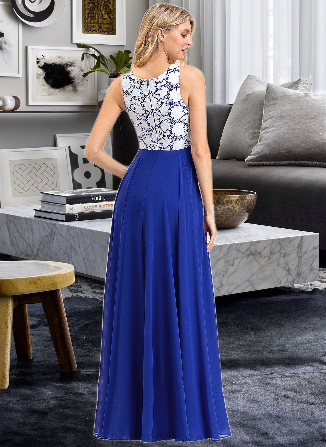 Emelia A-Line Scoop Neck Floor-Length Chiffon Lace Bridesmaid Dress PP6P0013201