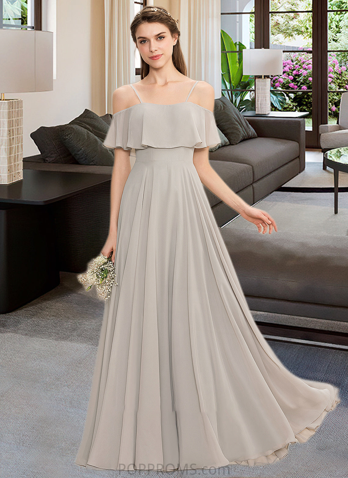 Karley A-Line Off-the-Shoulder Floor-Length Chiffon Bridesmaid Dress PP6P0013202