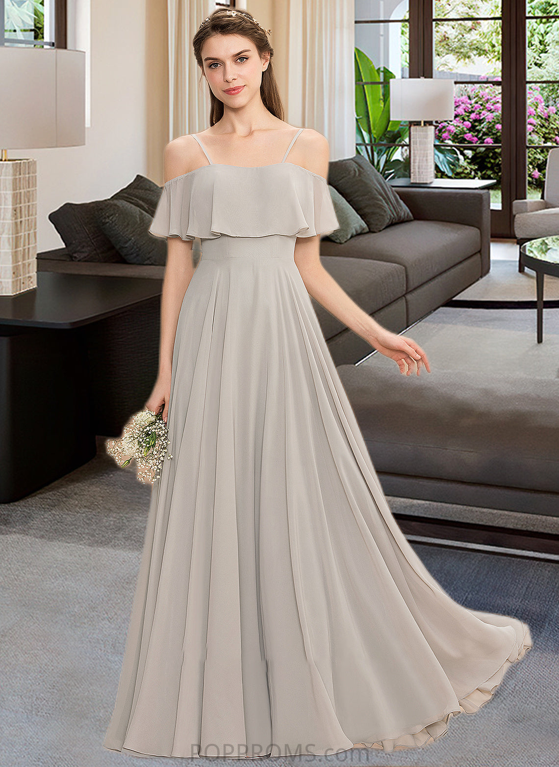 Karley A-Line Off-the-Shoulder Floor-Length Chiffon Bridesmaid Dress PP6P0013202