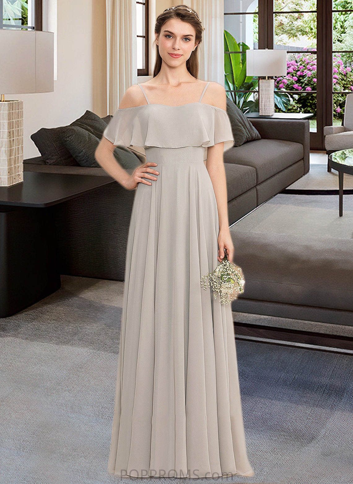 Karley A-Line Off-the-Shoulder Floor-Length Chiffon Bridesmaid Dress PP6P0013202