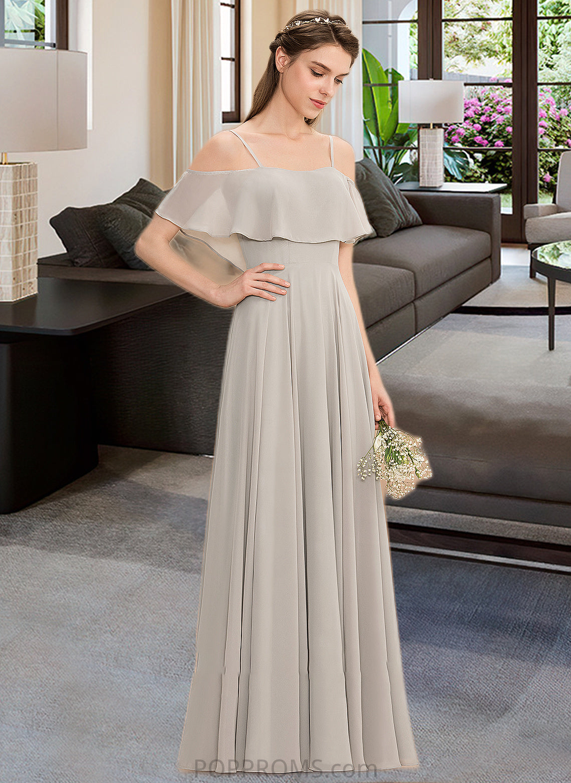 Karley A-Line Off-the-Shoulder Floor-Length Chiffon Bridesmaid Dress PP6P0013202