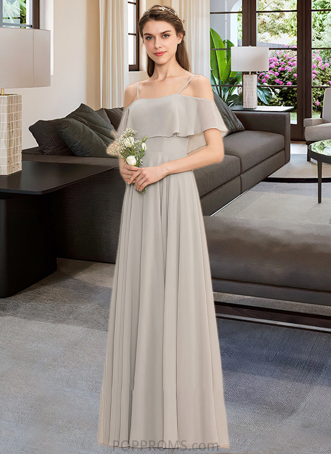 Karley A-Line Off-the-Shoulder Floor-Length Chiffon Bridesmaid Dress PP6P0013202