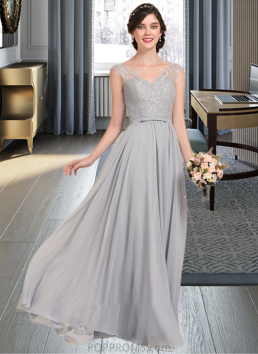 Bethany A-Line V-neck Floor-Length Chiffon Lace Bridesmaid Dress With Bow(s) PP6P0013203