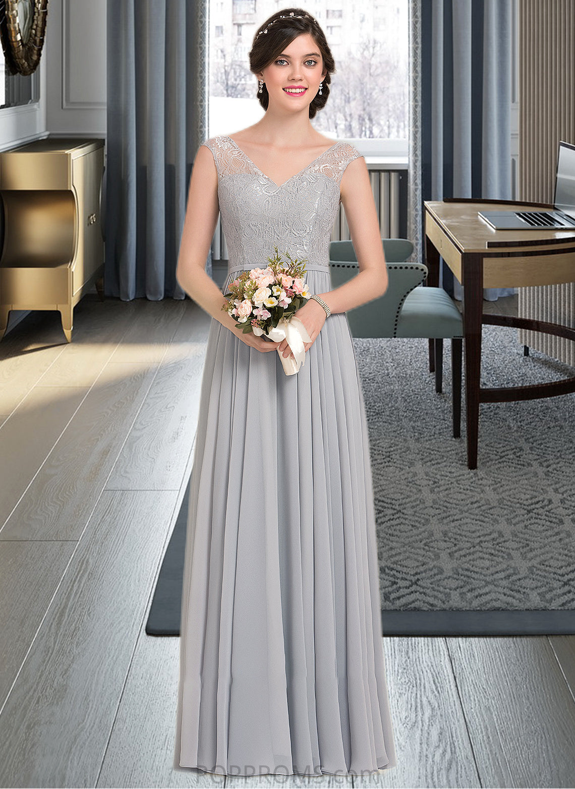 Bethany A-Line V-neck Floor-Length Chiffon Lace Bridesmaid Dress With Bow(s) PP6P0013203