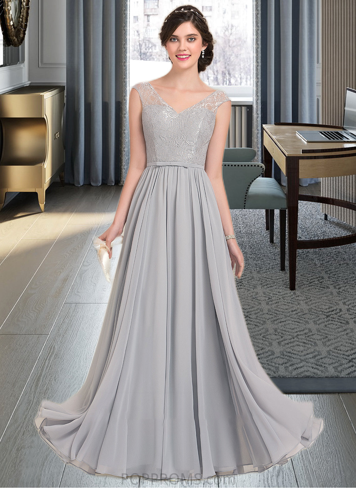 Bethany A-Line V-neck Floor-Length Chiffon Lace Bridesmaid Dress With Bow(s) PP6P0013203