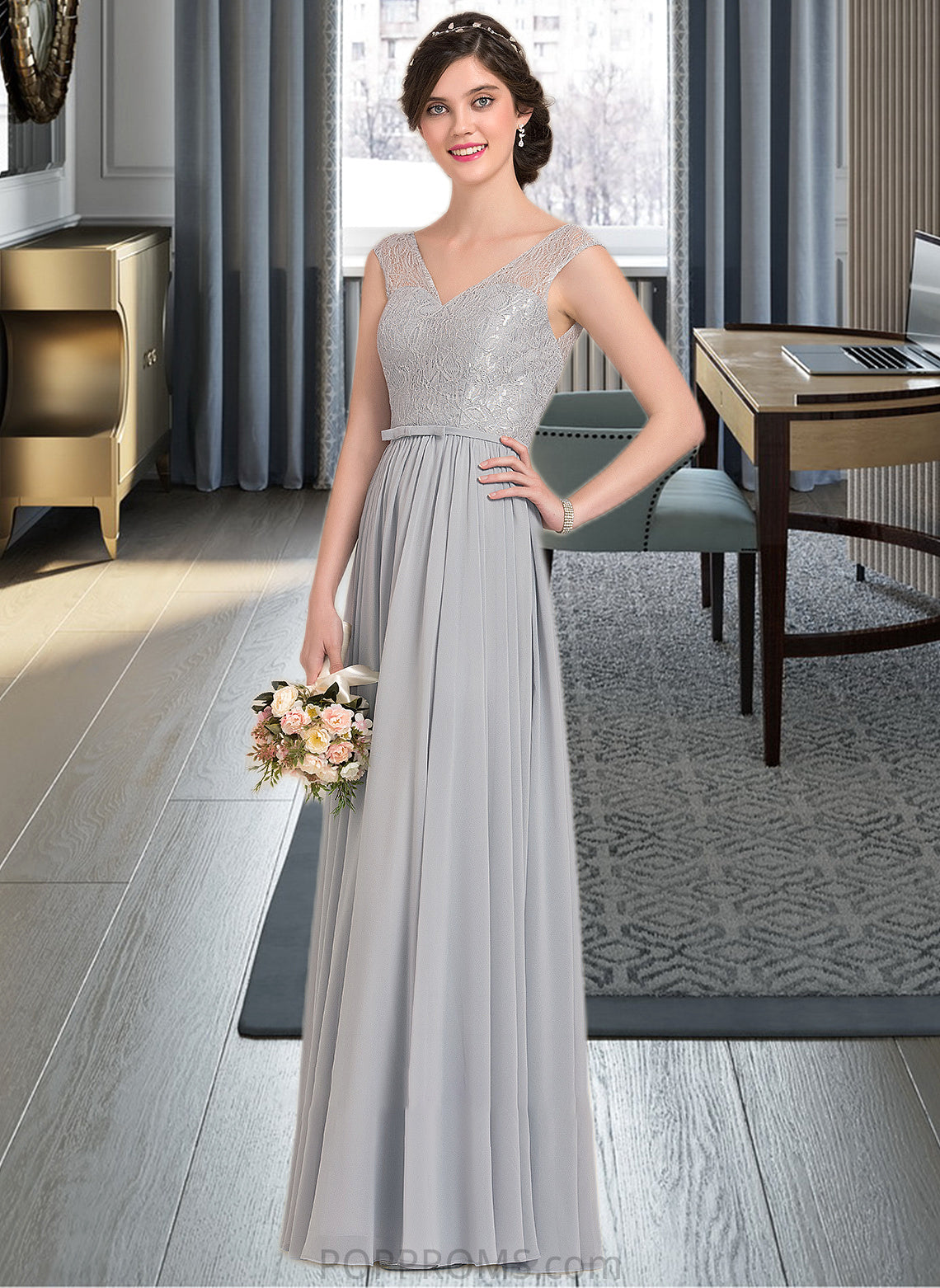 Bethany A-Line V-neck Floor-Length Chiffon Lace Bridesmaid Dress With Bow(s) PP6P0013203