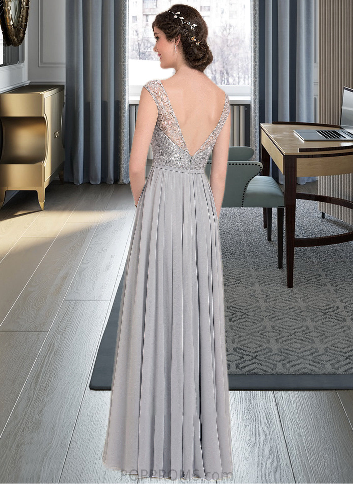 Bethany A-Line V-neck Floor-Length Chiffon Lace Bridesmaid Dress With Bow(s) PP6P0013203