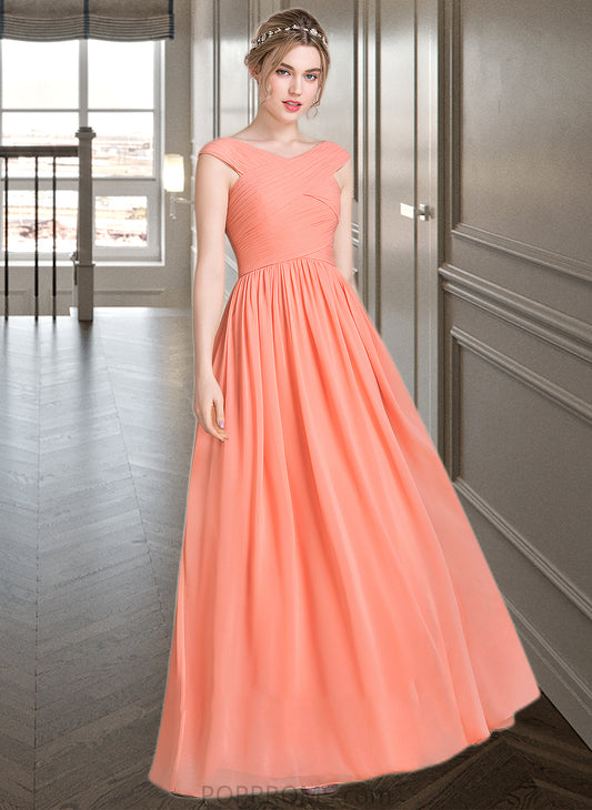 Thalia Ball-Gown/Princess V-neck Floor-Length Chiffon Bridesmaid Dress With Ruffle PP6P0013204