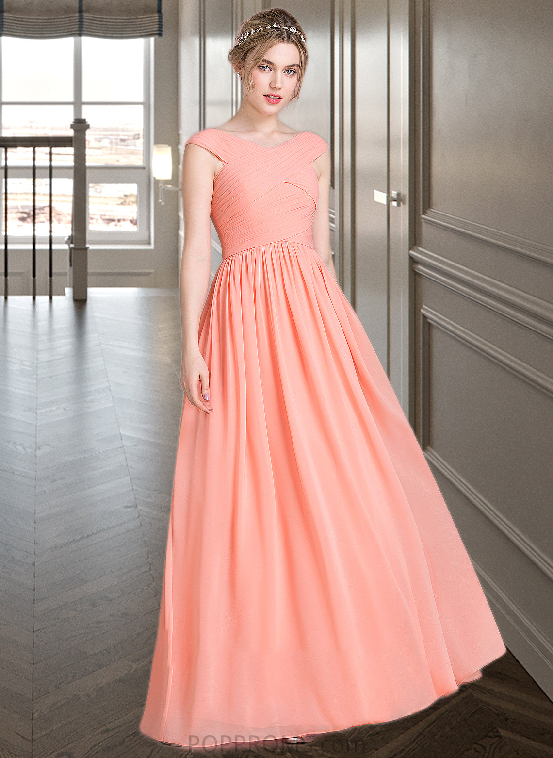 Thalia Ball-Gown/Princess V-neck Floor-Length Chiffon Bridesmaid Dress With Ruffle PP6P0013204