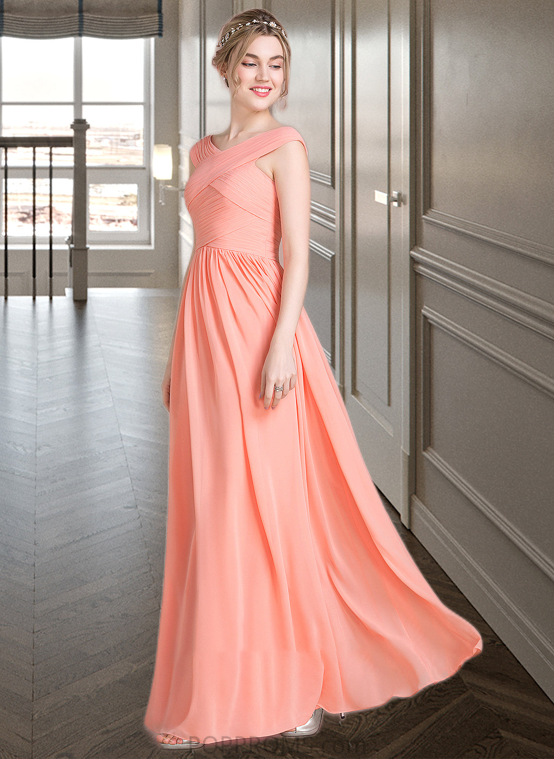 Thalia Ball-Gown/Princess V-neck Floor-Length Chiffon Bridesmaid Dress With Ruffle PP6P0013204