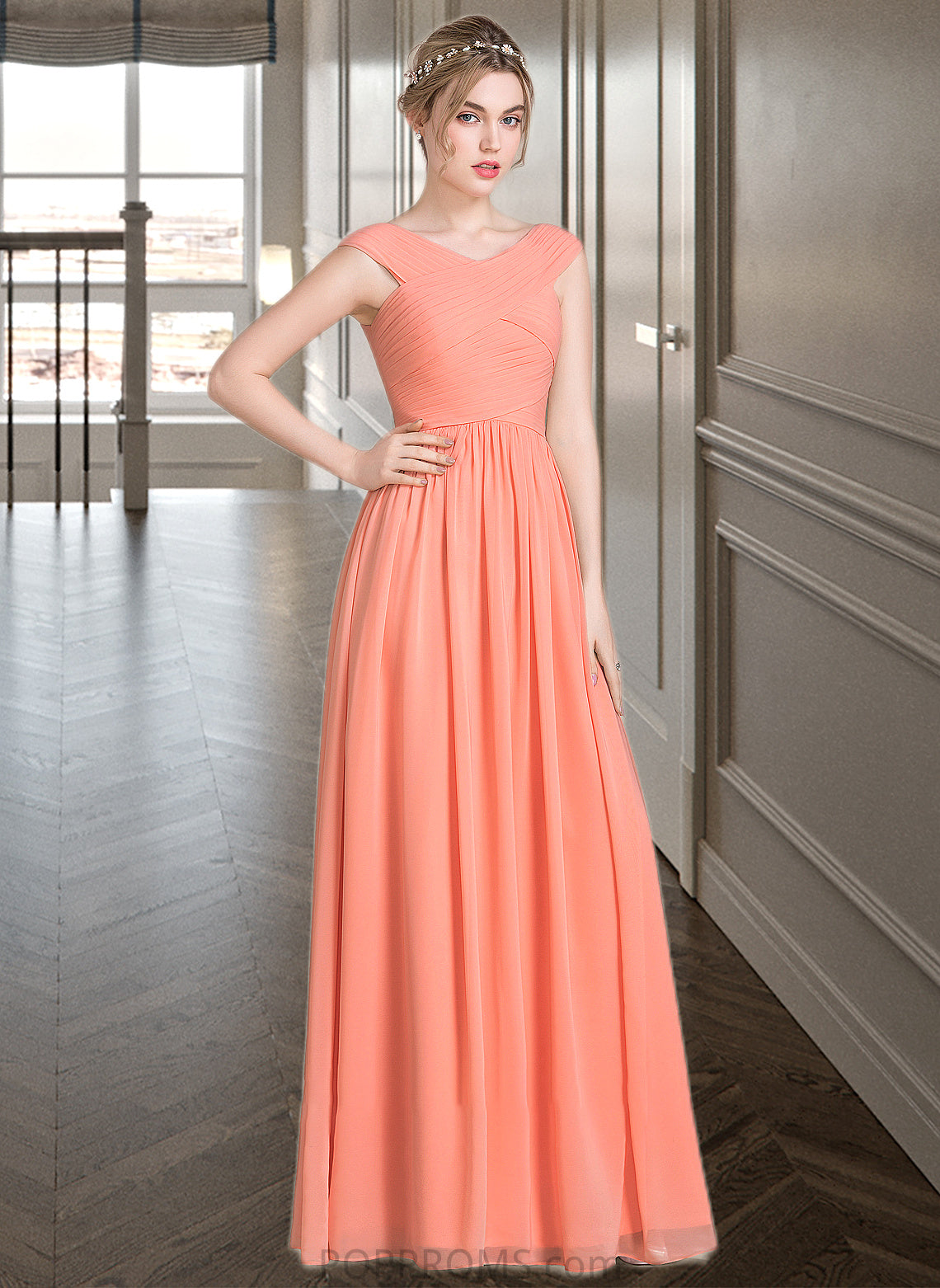 Thalia Ball-Gown/Princess V-neck Floor-Length Chiffon Bridesmaid Dress With Ruffle PP6P0013204