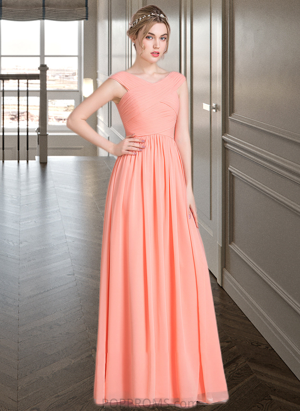 Thalia Ball-Gown/Princess V-neck Floor-Length Chiffon Bridesmaid Dress With Ruffle PP6P0013204