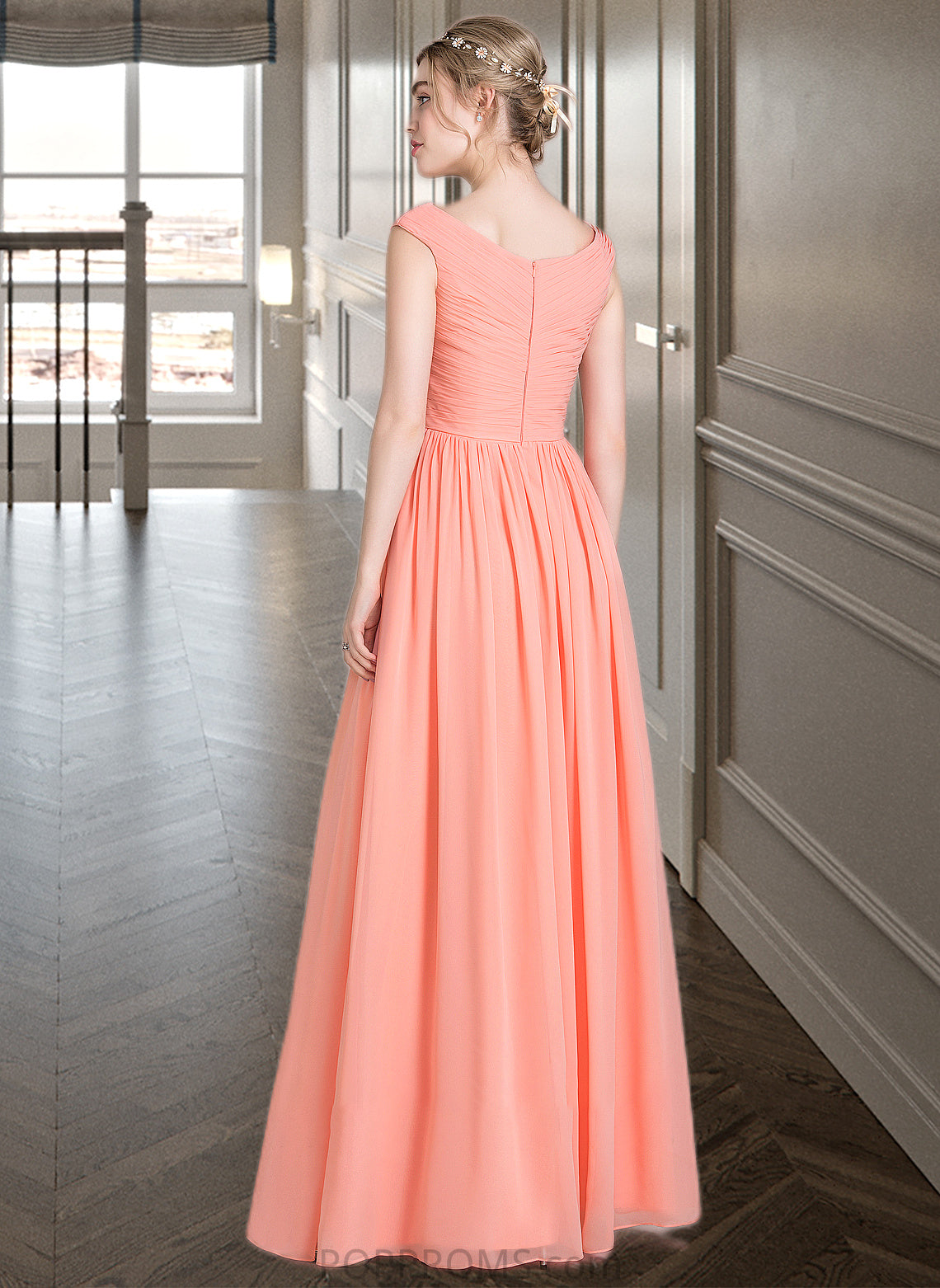 Thalia Ball-Gown/Princess V-neck Floor-Length Chiffon Bridesmaid Dress With Ruffle PP6P0013204