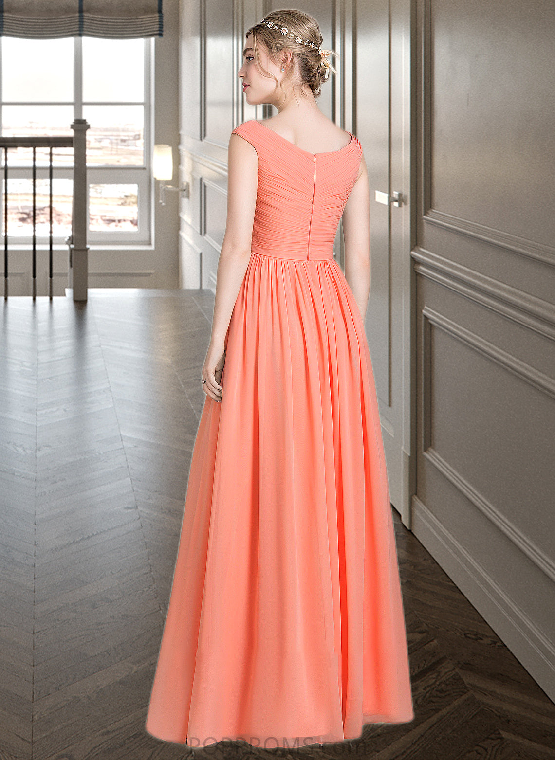 Thalia Ball-Gown/Princess V-neck Floor-Length Chiffon Bridesmaid Dress With Ruffle PP6P0013204