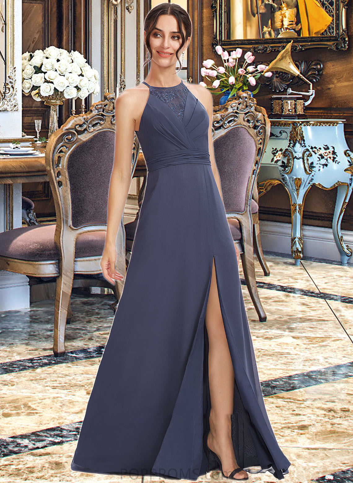 Lacey A-Line Halter Floor-Length Bridesmaid Dress With Lace Split Front PP6P0013205