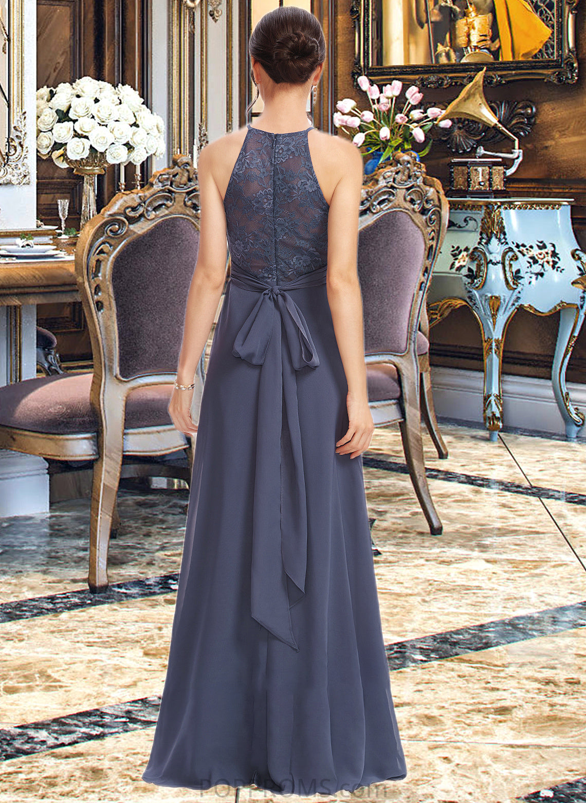 Lacey A-Line Halter Floor-Length Bridesmaid Dress With Lace Split Front PP6P0013205