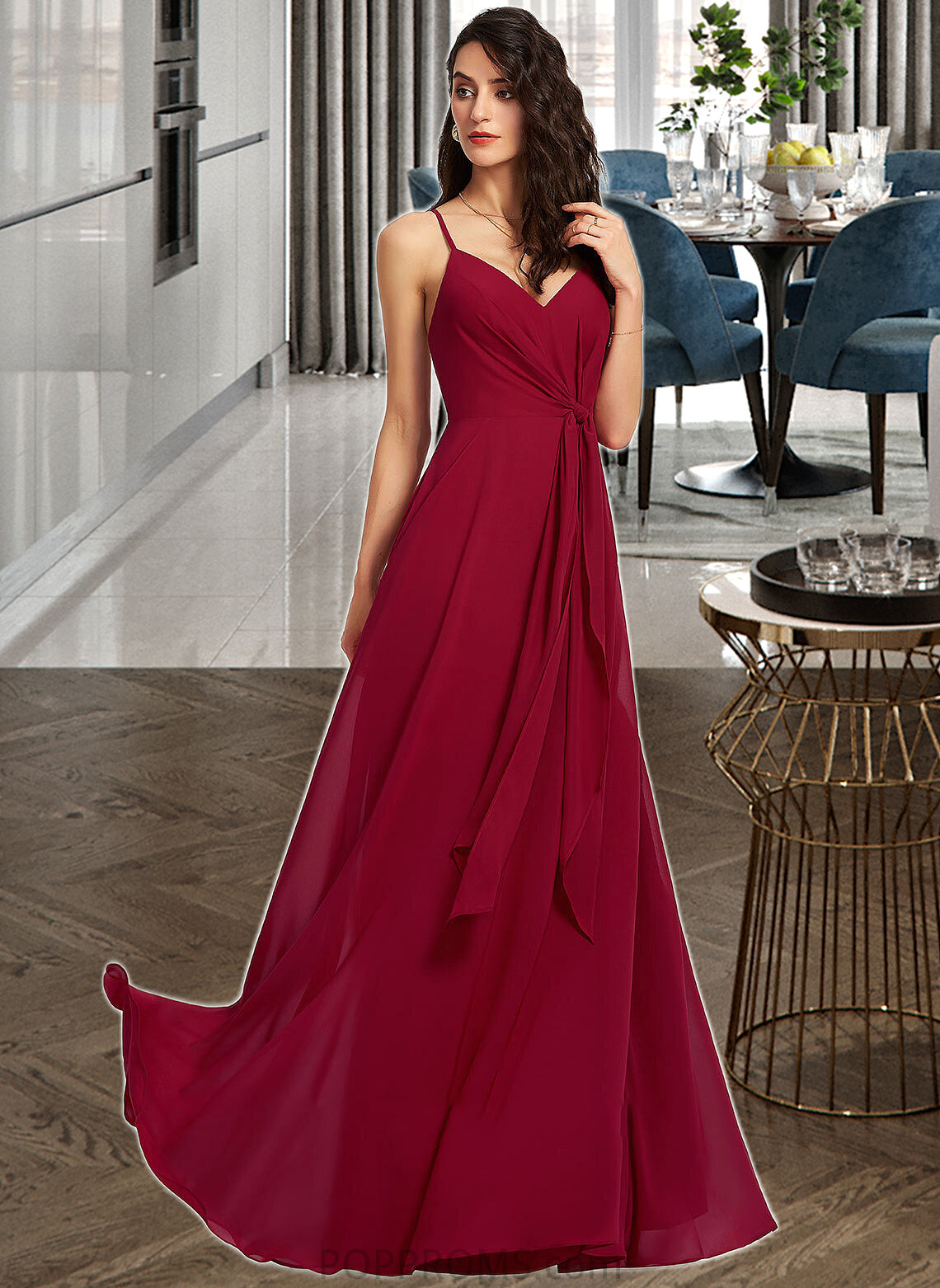 Madilyn A-Line V-neck Floor-Length Bridesmaid Dress With Ruffle PP6P0013206