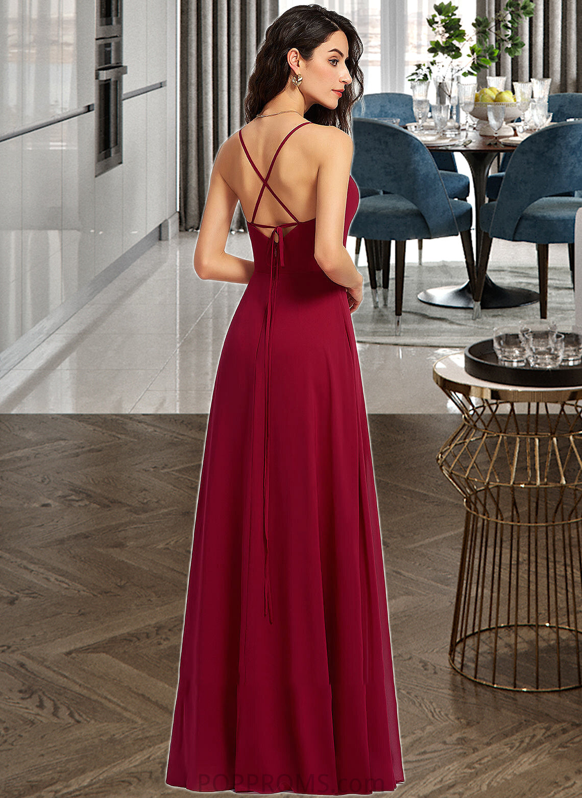 Madilyn A-Line V-neck Floor-Length Bridesmaid Dress With Ruffle PP6P0013206