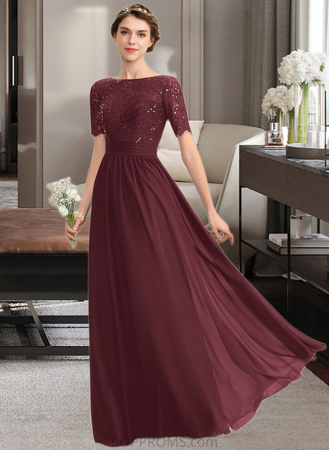 Jessie A-Line Scoop Neck Floor-Length Chiffon Lace Bridesmaid Dress With Sequins PP6P0013207