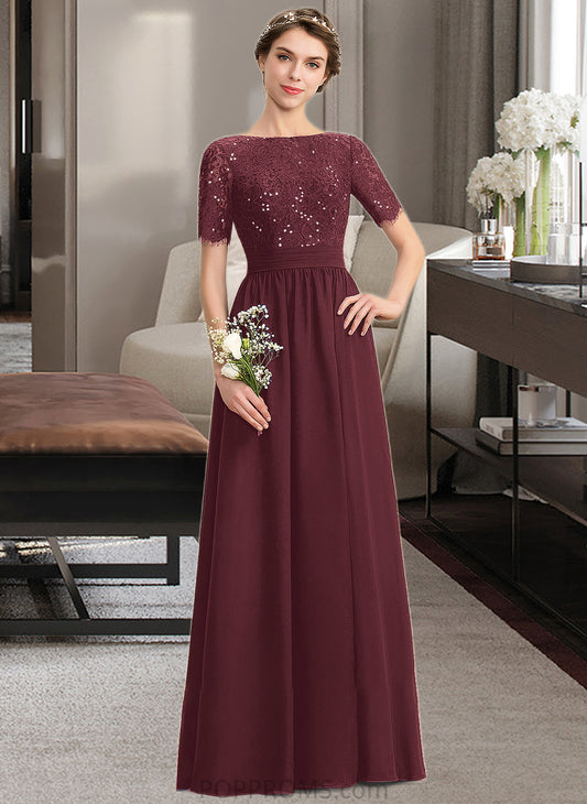 Jessie A-Line Scoop Neck Floor-Length Chiffon Lace Bridesmaid Dress With Sequins PP6P0013207