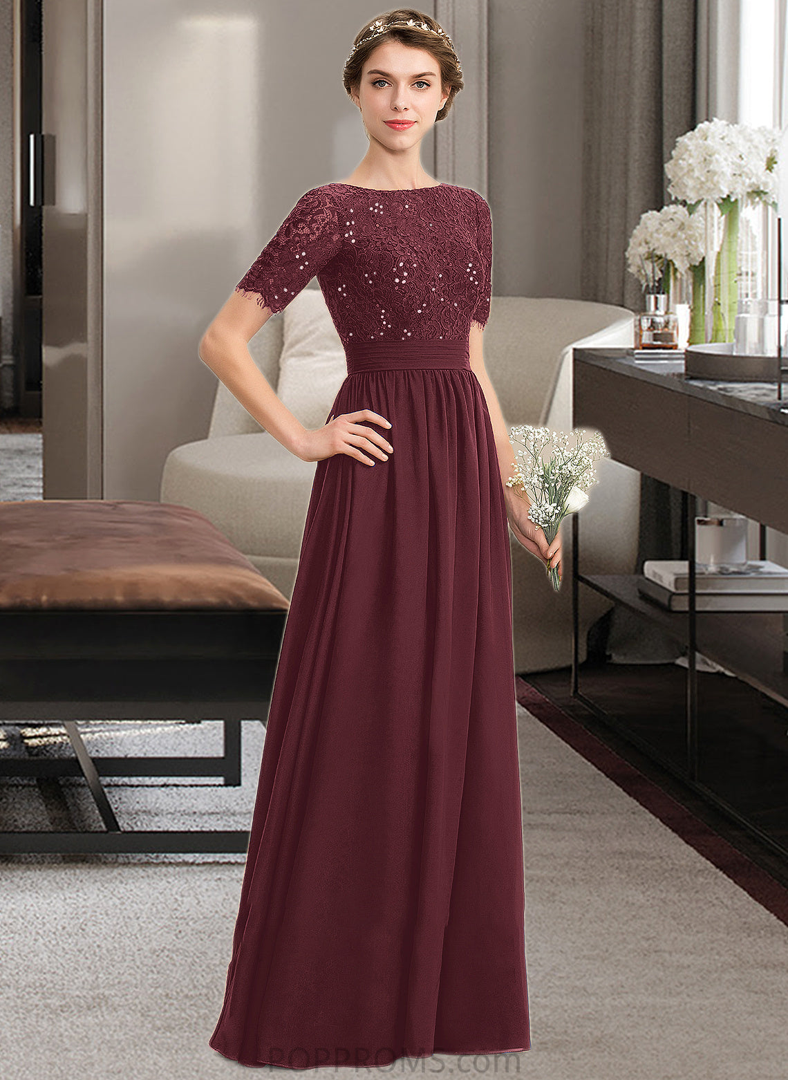 Jessie A-Line Scoop Neck Floor-Length Chiffon Lace Bridesmaid Dress With Sequins PP6P0013207