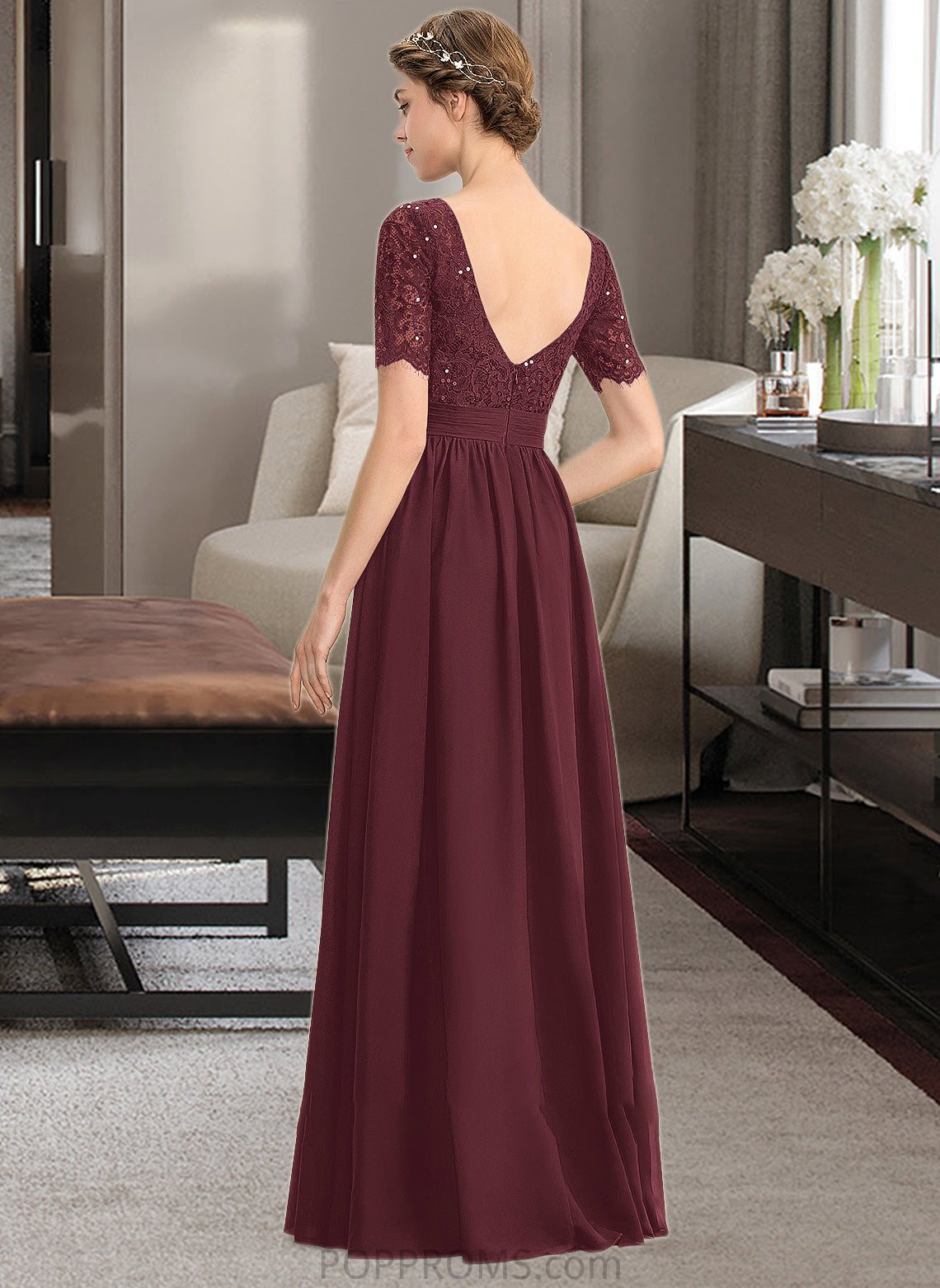 Jessie A-Line Scoop Neck Floor-Length Chiffon Lace Bridesmaid Dress With Sequins PP6P0013207